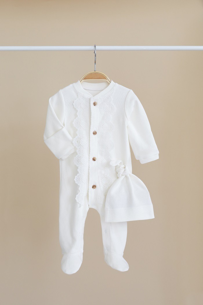 Чоловічок, повзунки. Чоловічок із шапочкою з мереживом "Lace", Молочний 110661