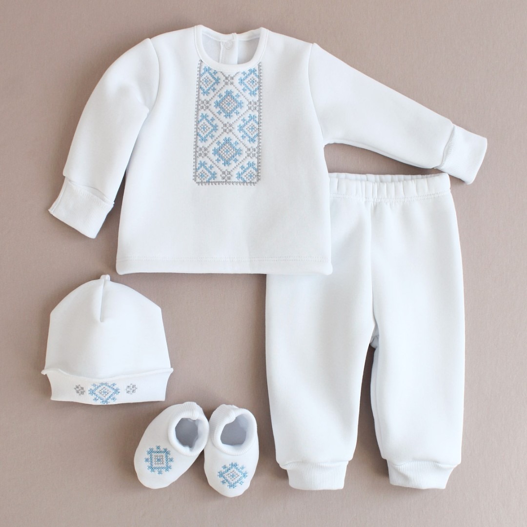 Комплекти. Комплект вишиванка для хлопчика утеплений (кофта, штанці, шапка, пінетки) 13784