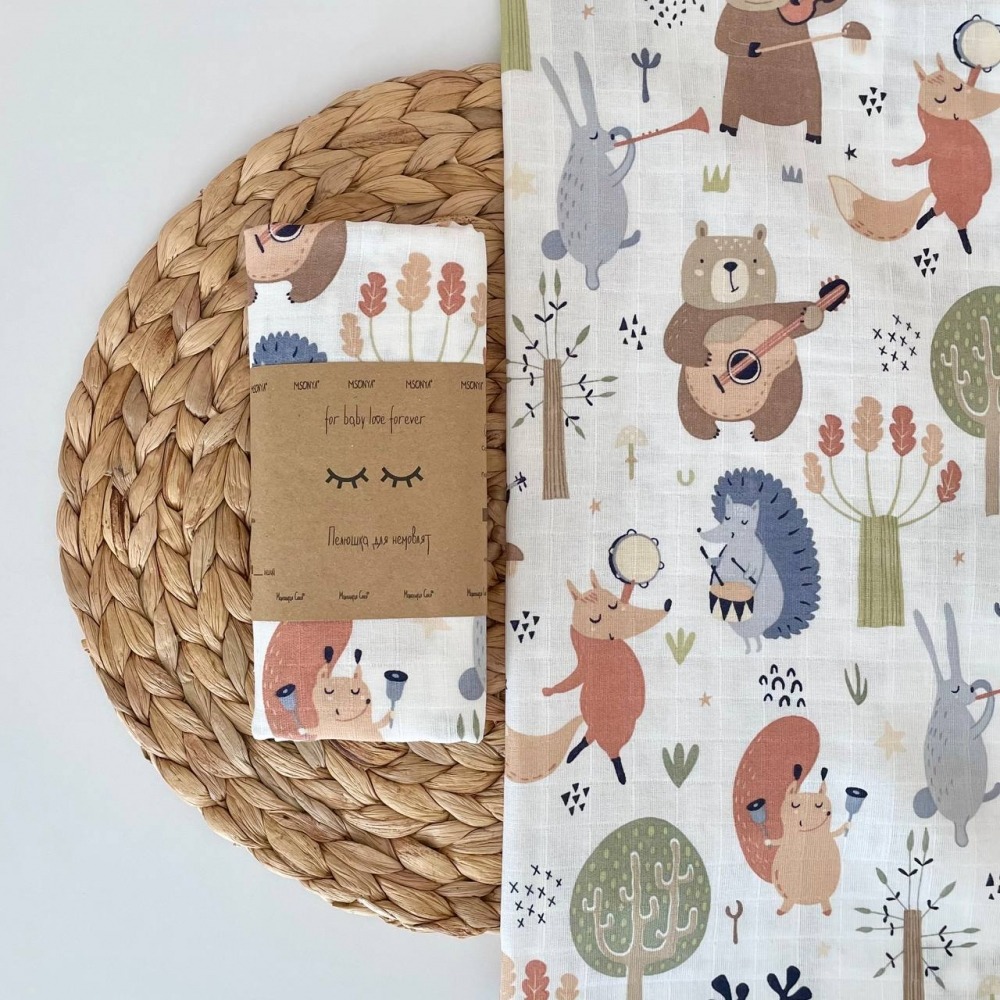 Підгузки та пелюшки. Пелюшка муслін Звірята музиканти на білому 4666756