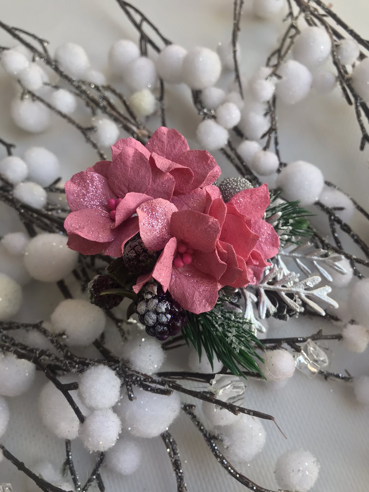 Заколка "Новорічна гортензія" срібло 10-196