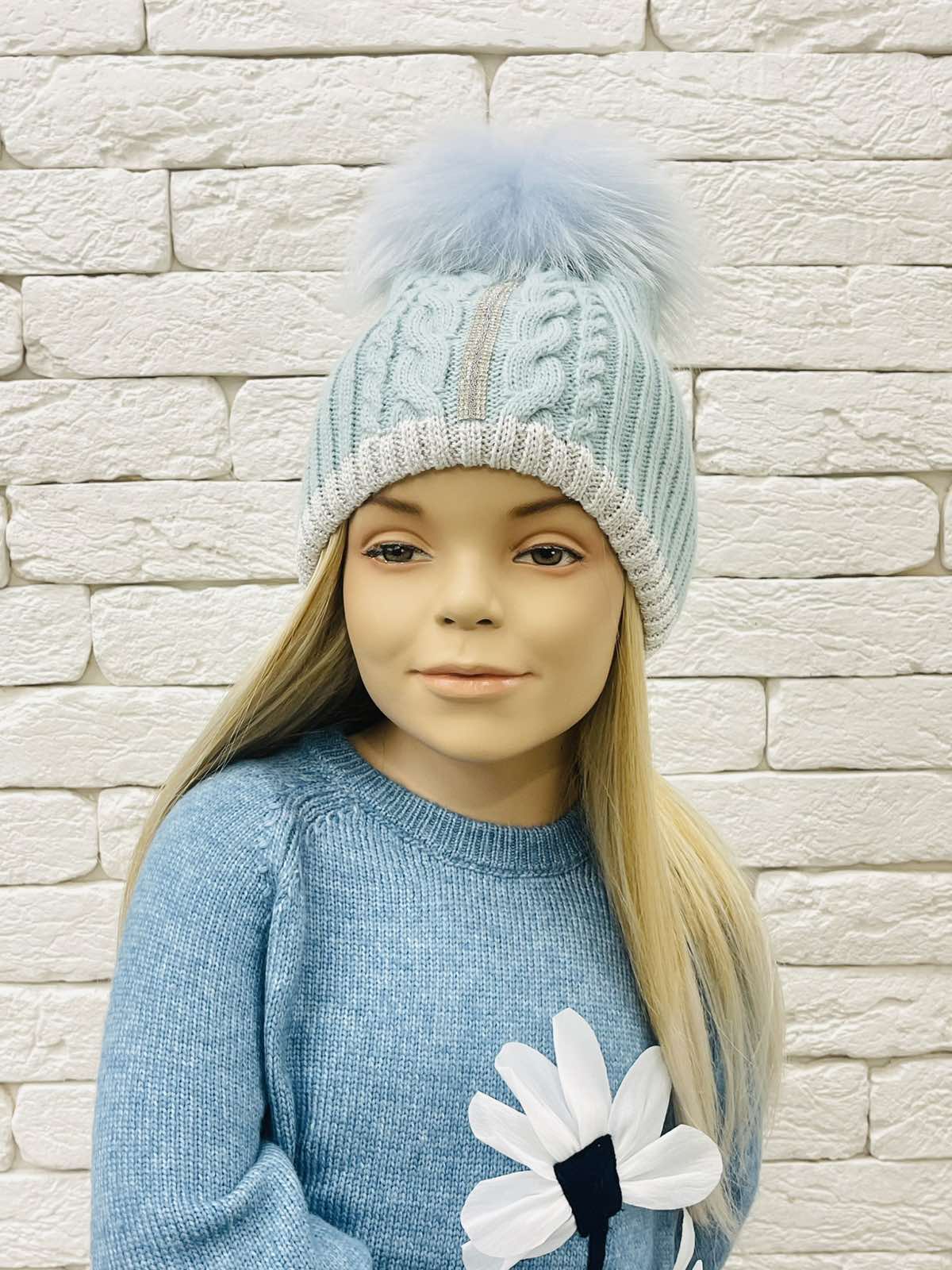 Шапка для дівчинки з помпоном бірюзовий 22W26